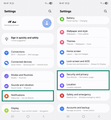 Two Android screenshots side by side showing the "Settings" menu. The "Notifications," "Security and privacy," and "Location" options are highlighted.