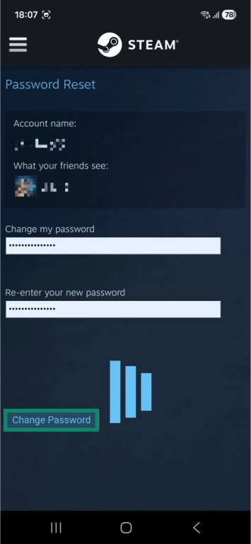 Steam "Password Reset" page on an Android phone. The "Change Password" button is highlighted.