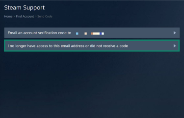 A Steam support page. The button signaling loss of access to a linked email address and verification codes not being sent is highlighted.