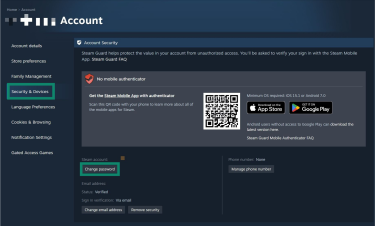 Steam account settings page. The "Security & Devices" tab is selected and highlighted, and the "Change password" button is highlighted.