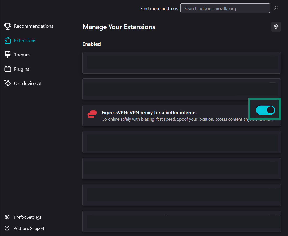 A screenshot of the Firefox extensions page, showing the option to disable the ExpressVPN extension.