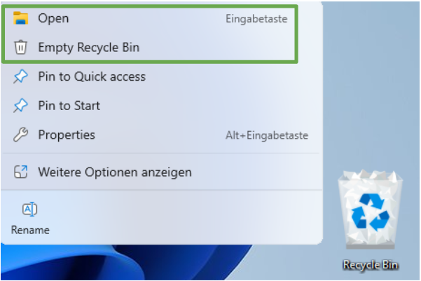 Windows 11 dropdown menu with the options to open the Recycle Bin and empty it highlighted.