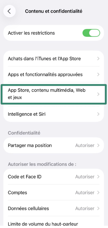 App Store, Media, Web & Games restrictions menu on iPhone.