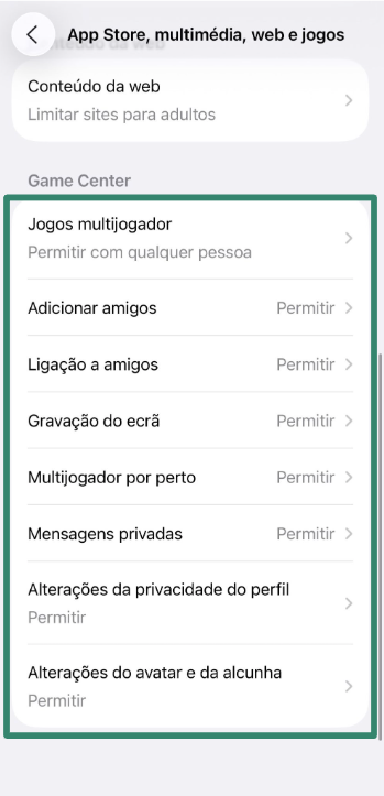 Game Center restrictions in Screen Time settings.