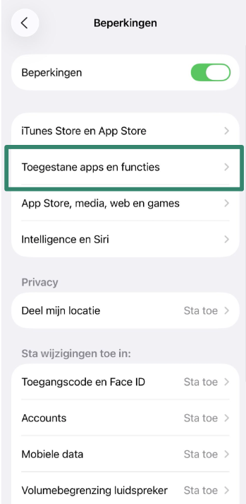 Allowed Apps & Features menu in parental controls.