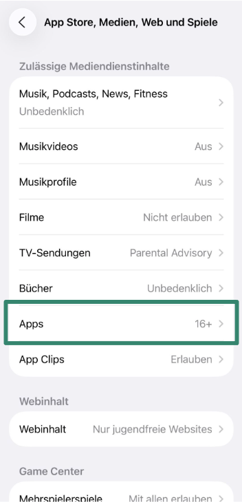 App age rating and content restrictions in iPhone parental controls.