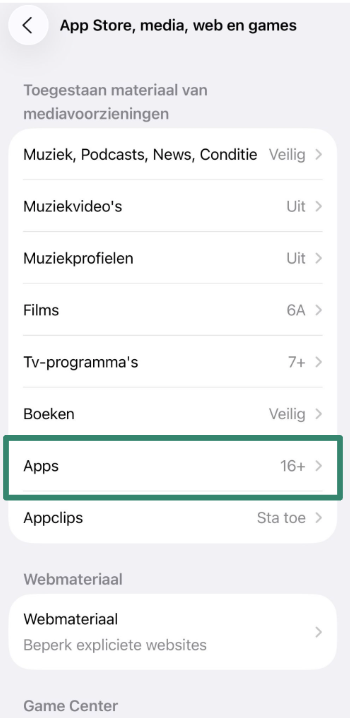 App age rating and content restrictions in iPhone parental controls.