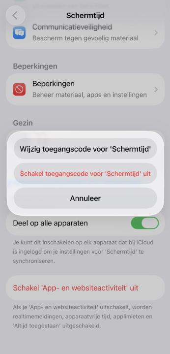 Options to change or turn off Screen Time passcode on iPhone.