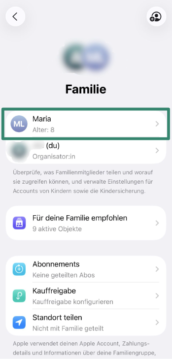 Family list with child’s name selected in iPhone Settings.