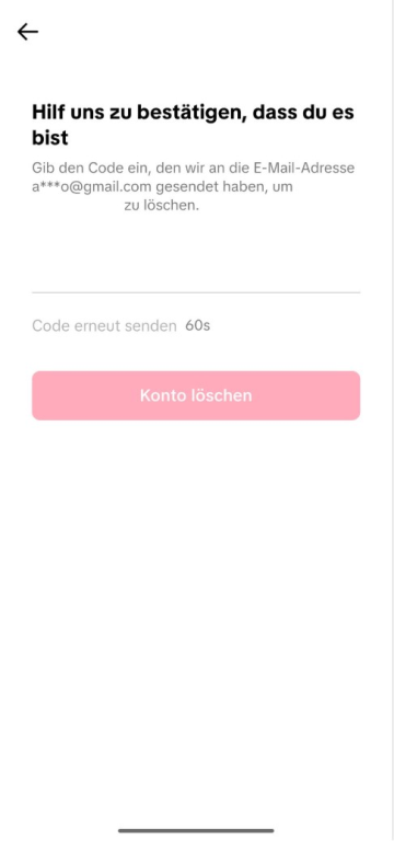 Screenshot of TikTok asking for email verification before confirming account deletion