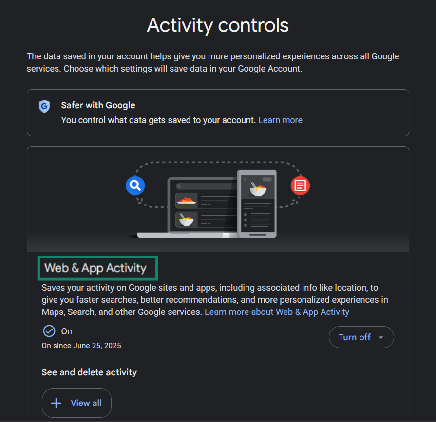 My Google Activity open to the Web & App Activity options.