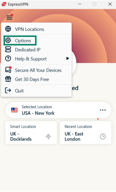 Accessing ExpressVPN Options menu on Windows.