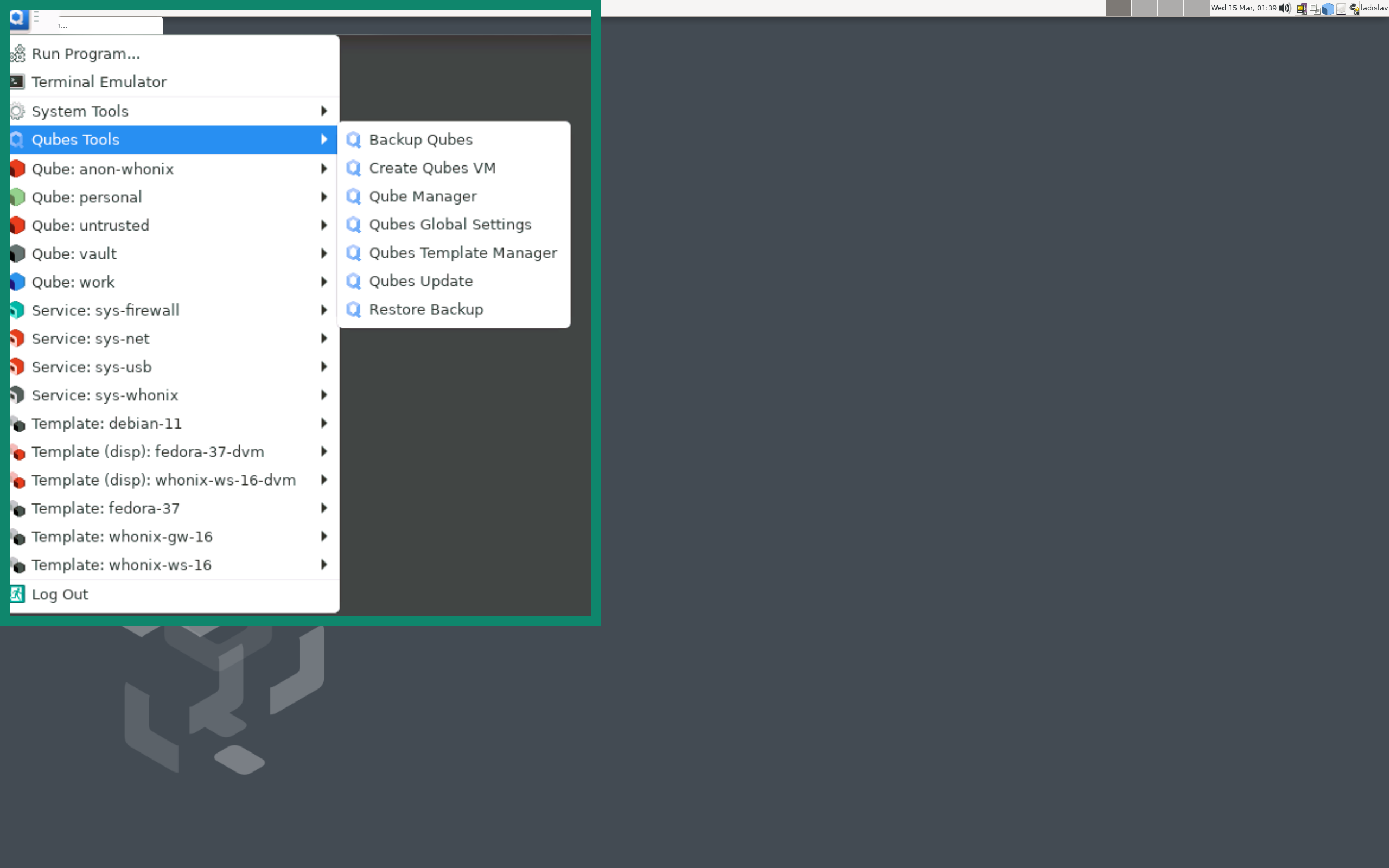 Qubes interface, with visible taskbar and a background wallpaper
