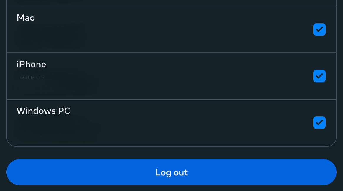 Facebook logged in devices selection screen.