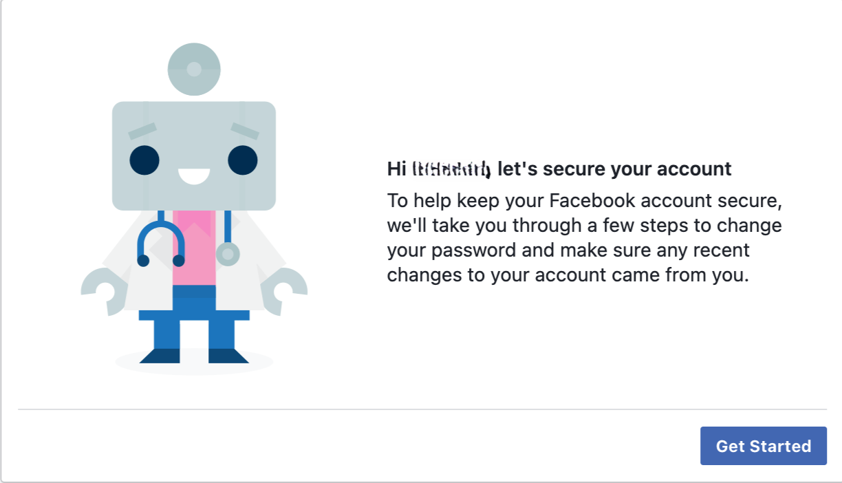 Facebook health scan message to secure your account after a possible hack.