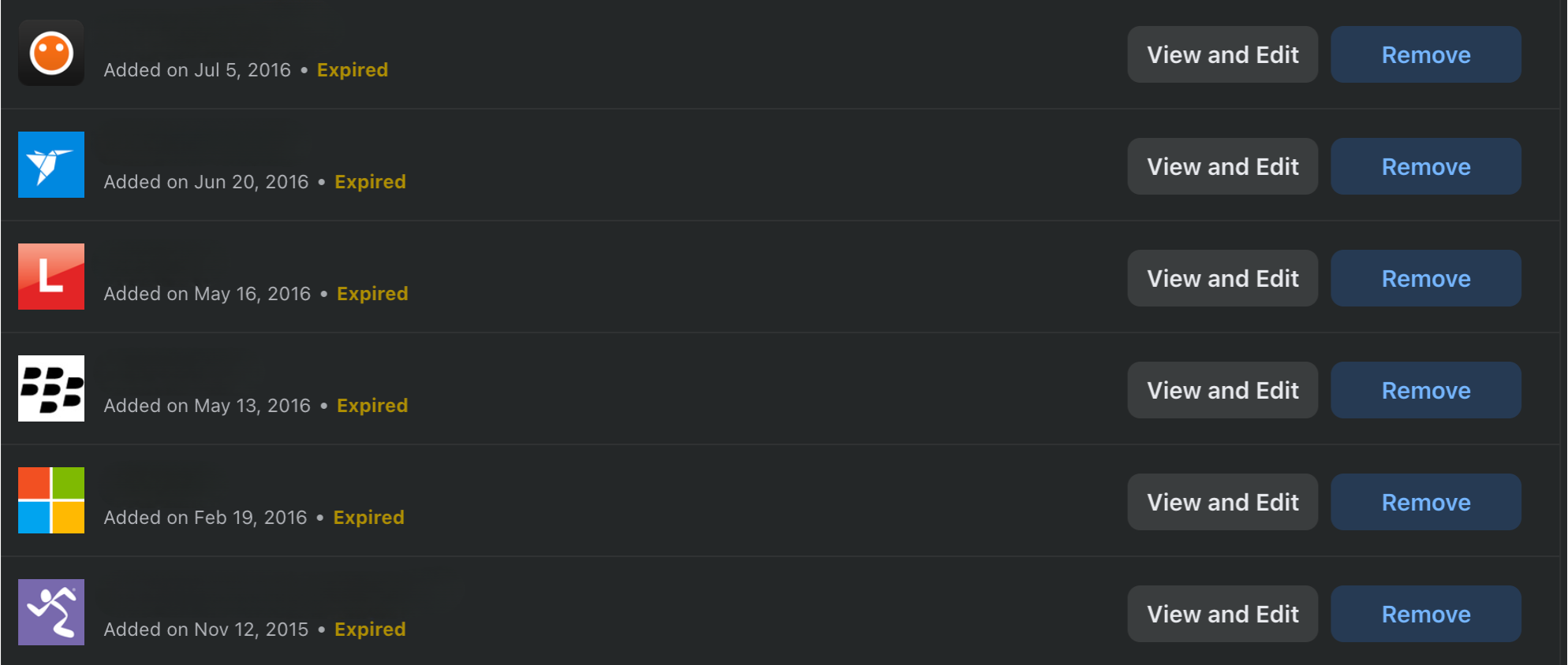 Facebook connected apps page showing the remove button.
