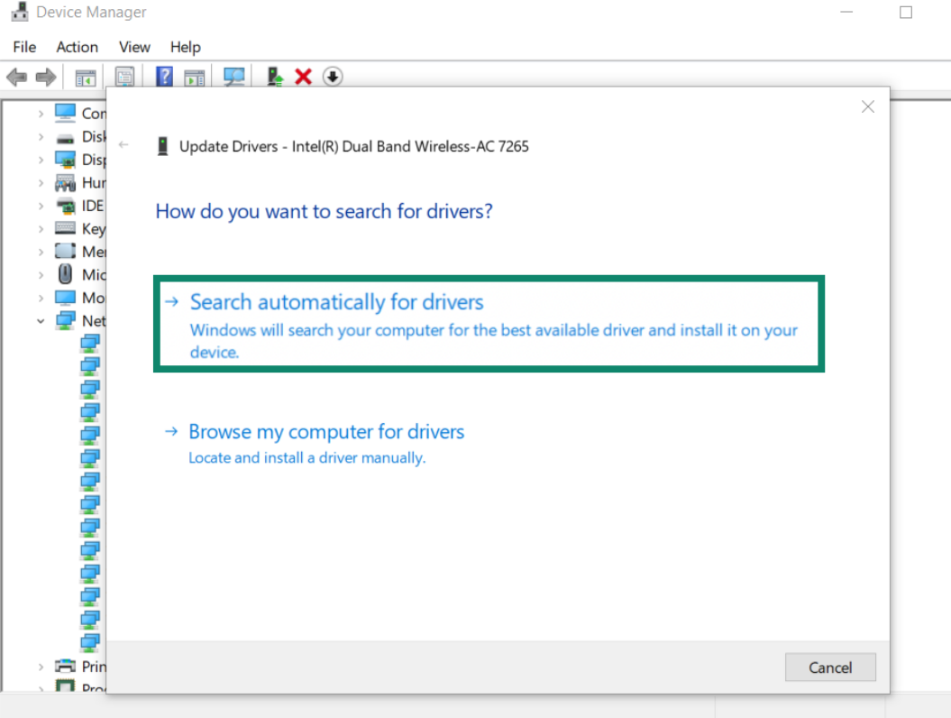 The driver update window, showing the options to manually select or automatically locate the latest update.