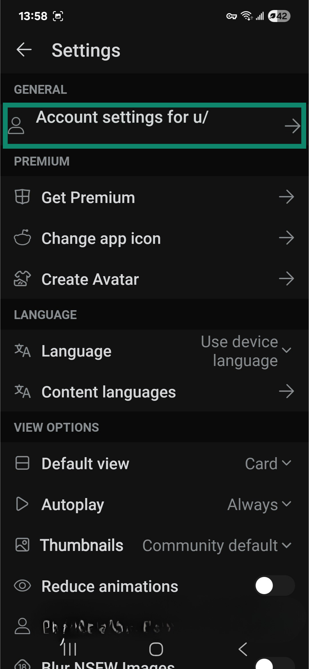 Reddit Android app settings.