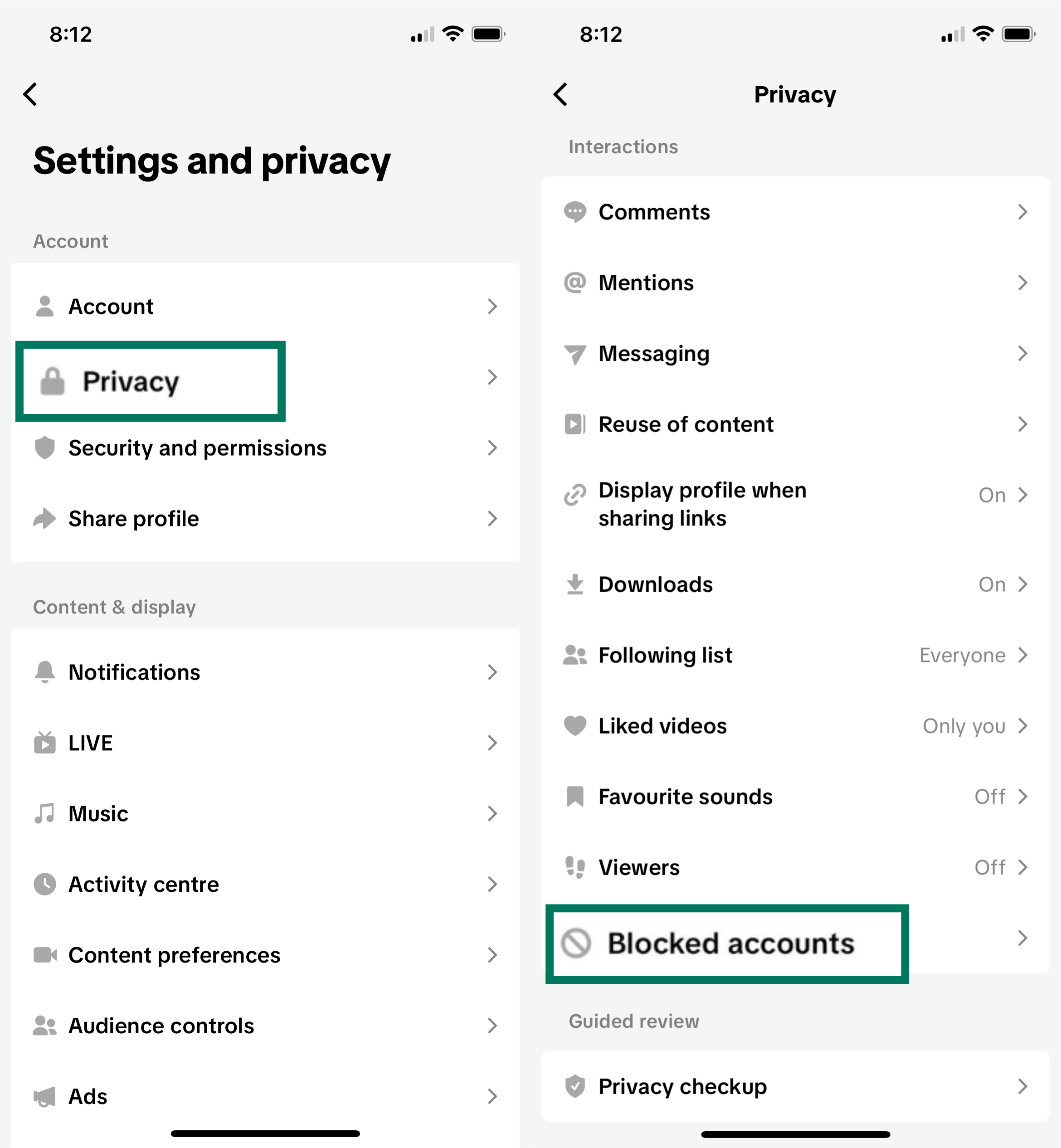 TikTok Privacy settings screen showing Blocked accounts option highlighted under Interactions section.