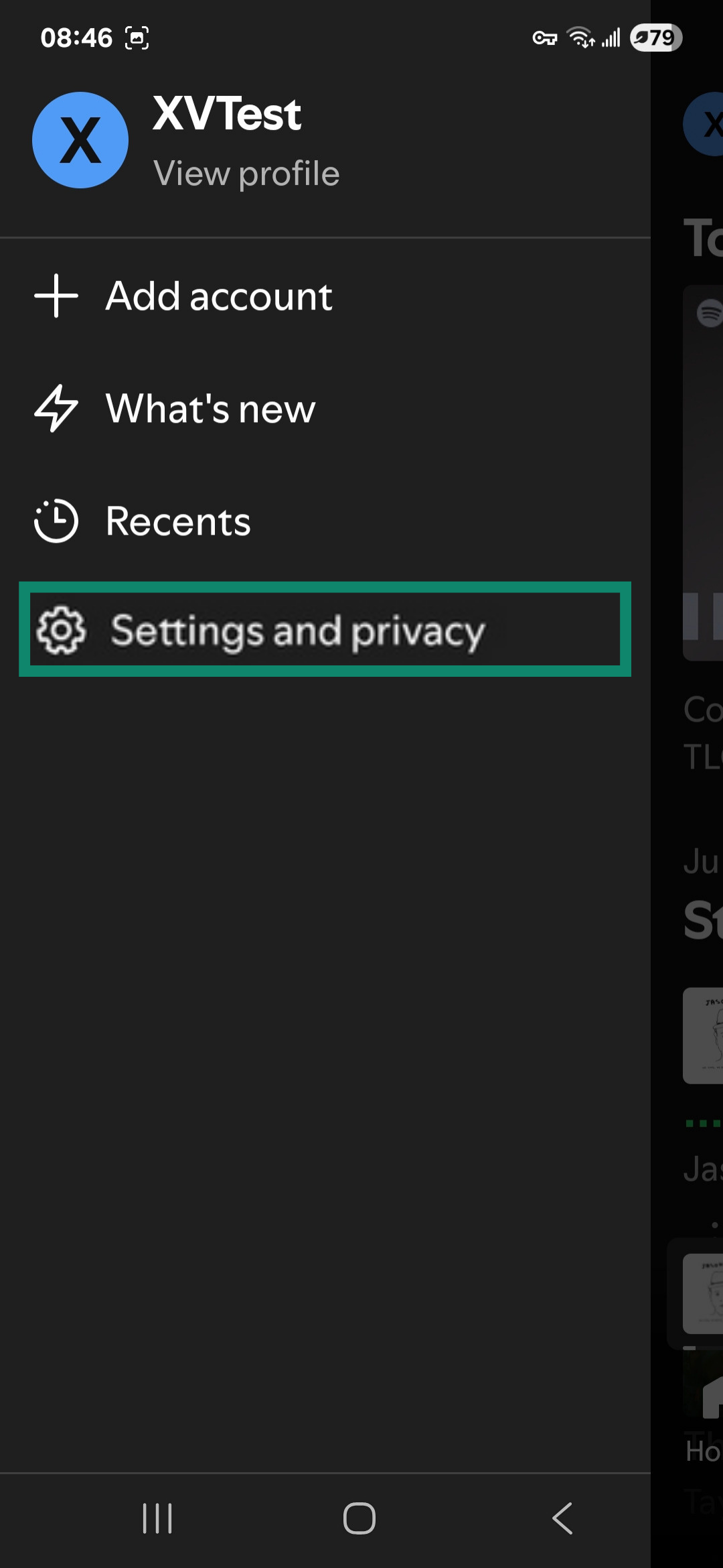 Spotify mobile app user profile menu with Settings and privacy highlighted.