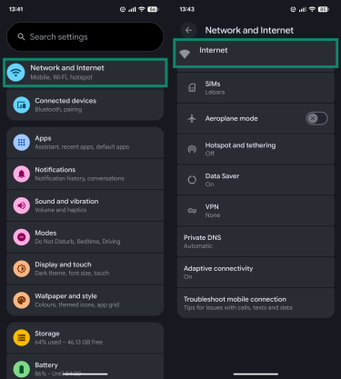 Two Android screenshots, the left shows the Settings menu with Network and Internet highlighted; the right one shows the Network and Internet menu with Internet highlighted