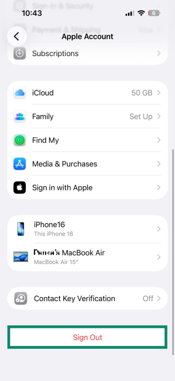 The "Apple Account" page on an iPhone. The "Sign Out" button at the bottom is highlighted.