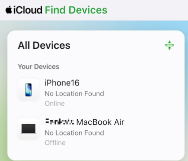 The iCloud Find Devices page, showing an iPhone and a MacBook Air.