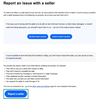 eBay Help Center showing how to report a seller.