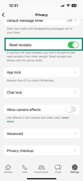 Image showing the toggle to turn off read reciepts