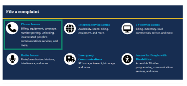 Partial screenshot of the FCC website showing the “File a Complaint” page with the Phone Issues category highlighted.