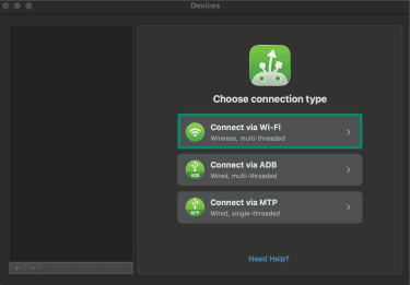 The MacDroid app main screen on a Mac. The "Connect via Wi-Fi" button is highlighted.