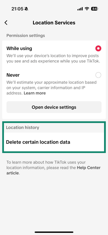 Screenshot of the TikTok Location Services settings, highlighting the option to Delete certain location data