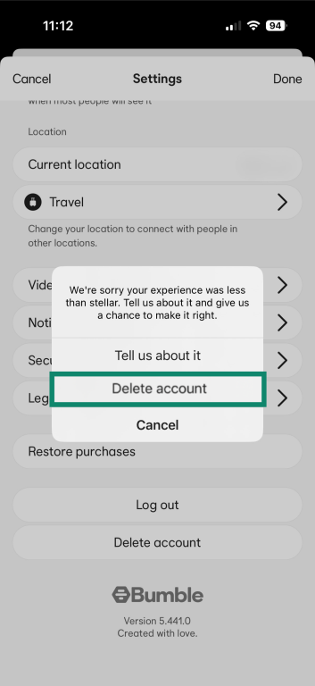 Follow-up deletion prompt showing the Delete account button highlighted.