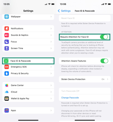 Turning on the "Require Attention for Face ID" feature on an iPhone.