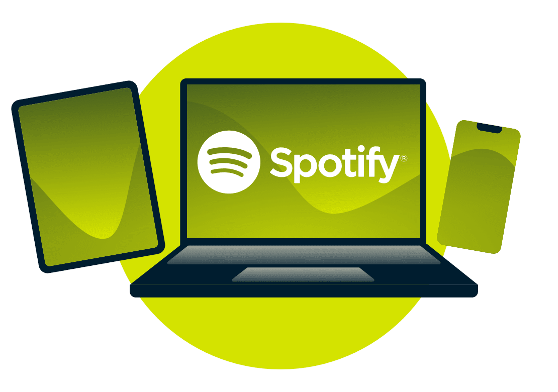 En bærbar PC, nettbrett og telefon med Spotify-logoen.