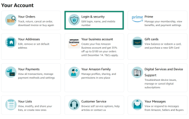 The "Your Account" section in the Amazon account menu on desktop. The "Login & security" tab is highlighted.