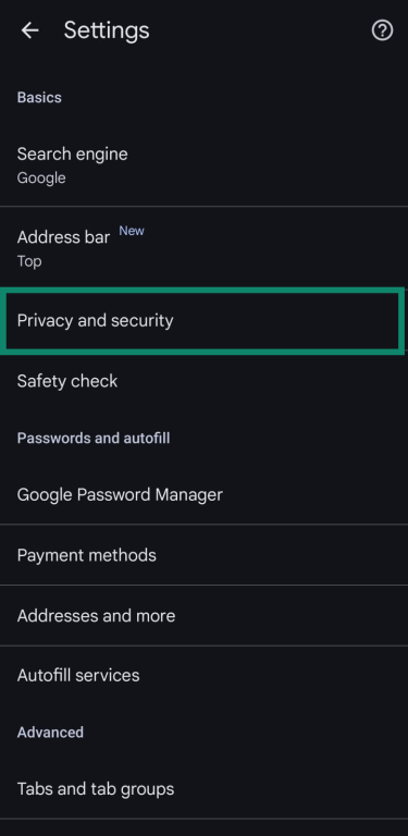 Chrome Privacy and security settings on Android.