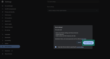 Clicking on Reset Settings starts the Chrome reset process.
