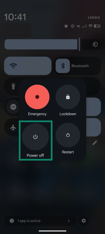 An Android power menu opened from Quick Settings, with the Power off option highlighted.