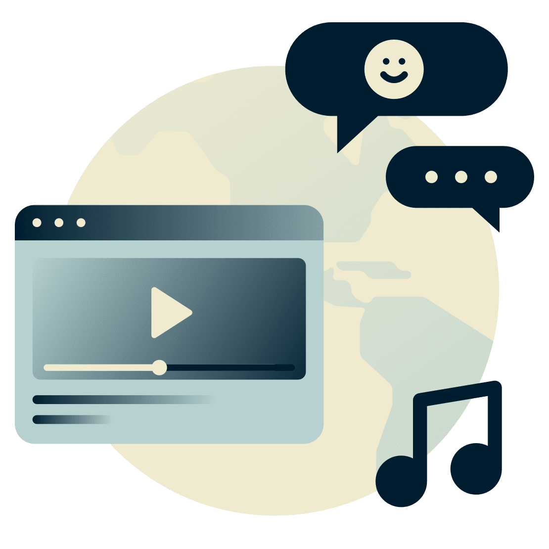 Klode med videospiller, musikk og chat.