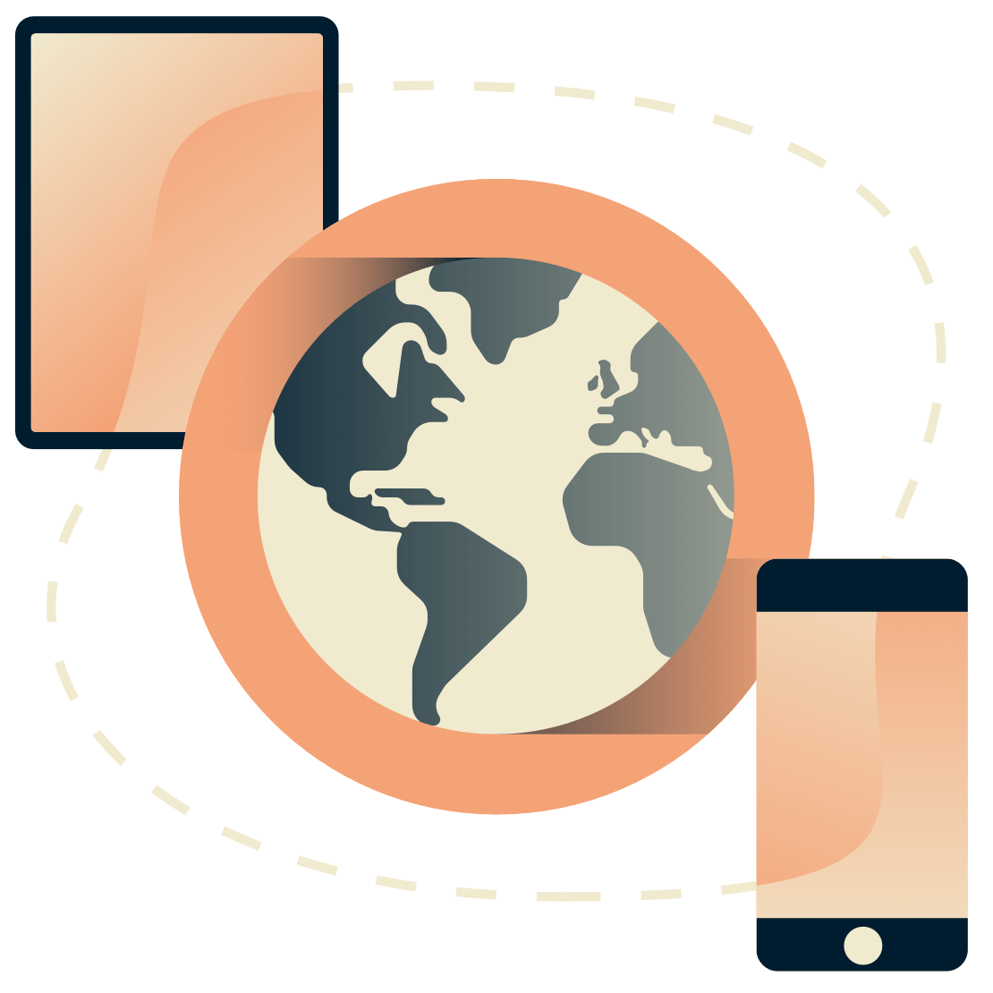 Tablet und Telefon umgeben einen Globus.