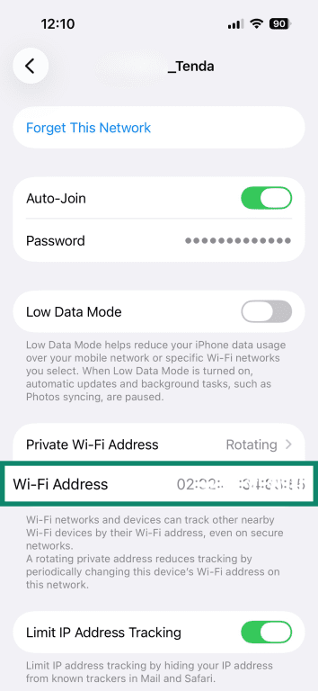 iPhone active connection screen, showing how to view the device's MAC address.