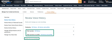 Selecting all voice recordings and deleting them through the Amazon website.