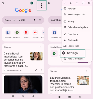 Accessing Chrome settings from the three-dot menu on Android