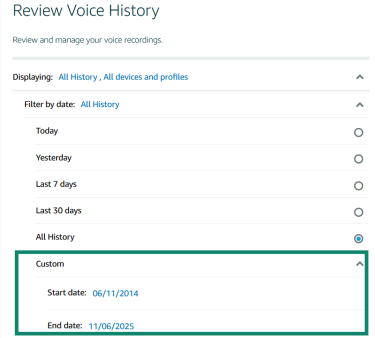 Choosing specific dates to delete Alexa voice recordings from.