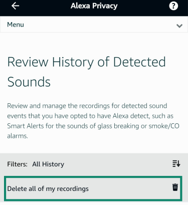 Deleting all detected sounds using the Amazon Alexa app.