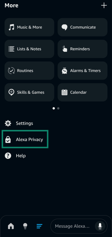 Accessing the Alexa Privacy menu in the Amazon Alexa app.