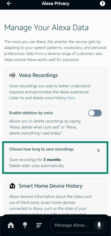 Opening the Choose how long to save recordings menu in the Amazon Alexa app.