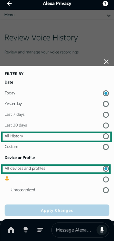 Selecting all voice history in the Review Voice History menu of the Alexa app.