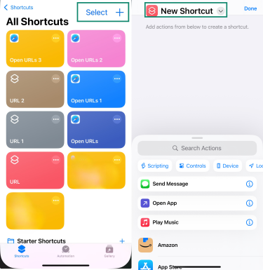 The Shortcuts app Select button and New Shortcut button of an iPhone.